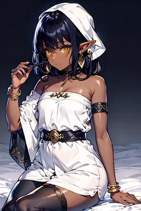 masterpiece, best quality, high quality,  <lora:Zadiris-08:1>Zadiris,dark skin,elf, earrings, yellow eyes, black hair, White robe,
