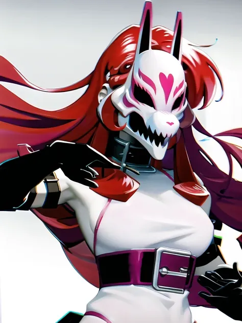 mask, neon red, masterpiece, ultra hd, absurdres, best quality, pinup, face, action pose, looking at viewer, white skin, white body, pale skin
