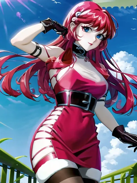 neon red, masterpiece, ultra hd, absurdres, best quality, pinup, face, action pose, looking at viewer, white skin