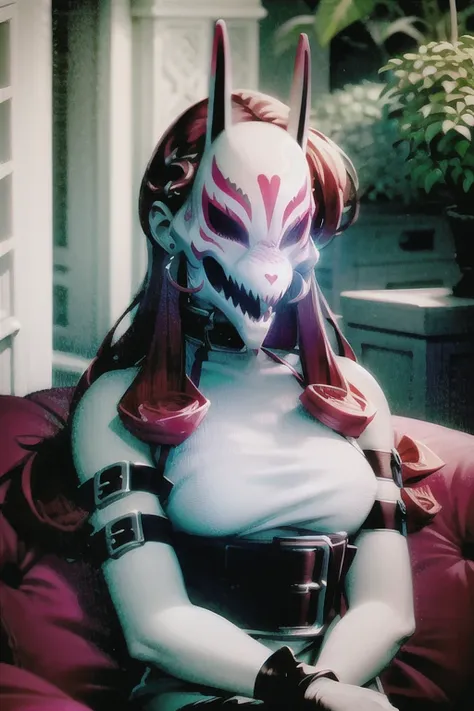 neon red, masterpiece, ultra hd, absurdres, best quality, white skin, pinup, mask,