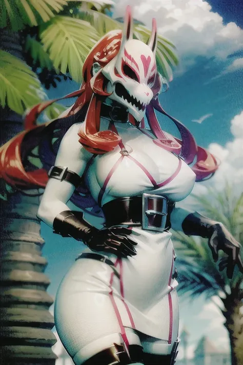 neon red, masterpiece, ultra hd, absurdres, best quality, white skin, pinup, mask,