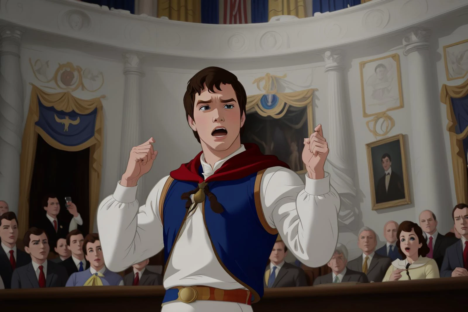 <lora:Prince_F-V5-Anything:0.9> pr1nc3_fl0,(disney style drawing),1boy, man,brown hair, looking at viewer<lora:DisneyRenV2:-0.00> , president, angry speech, exaggerated expression, state of the union, fist in the air
location: (us congress), spectators, crowd
disneyrenaissance style