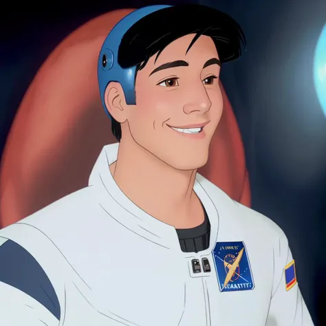 A man smiling, short black hair, wearing astronaut helmet and suit, in outer space, (cartoon), disney style<lora:DisneyRenV2:1>