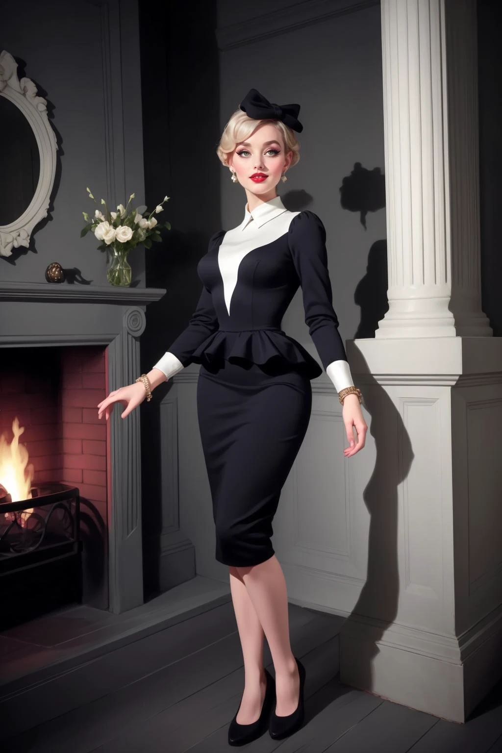 Film noir style pinup \(style\), adult beautiful woman high quality, best quality, highres, high detail , layered shag with fringe, (silk scarf headband:1.1) white hair , eyeliner, eyeshadow, makeup, ((lip liner)) , standing, Elegantly French Country Bedroom, A wrought-iron canopy bed, delicate floral patterns, and a charming fireplace, offering a touch of countryside romance., smile, flirting with viewer <lora:Outfit_hud-MonoBlockPencilDress:0.7> hud_vintag, long sleeves, (black pencil dress), white blouse, cuffs, earrings, bracelet, fascinator, peplum Silent Streets, Quiet, deserted, noir, haunting beauty, by Robert Doisneau . Monochrome, high contrast, dramatic shadows, 1940s style, mysterious, cinematic