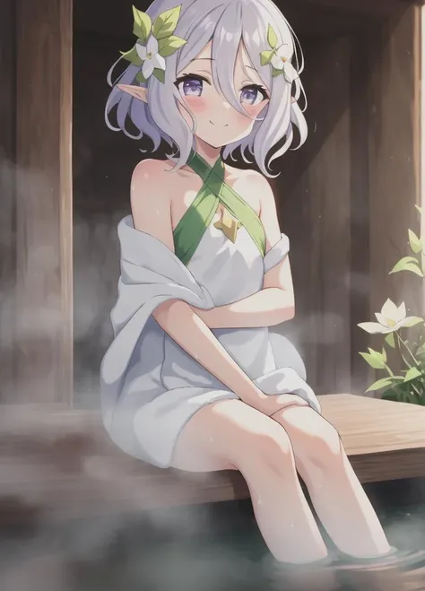 <lora:kokkoro:0.8>, kokkoro, 1girl, kokkoro (princess connect!), hair flower, antenna hair, pointy ears, hair ornament, hair between eyes, blush, short hair, elf, grey hair, solo focus, flat chest, white flower, bangs, 8k, masterpiece, trending on artstation, <lora:Masterpiace:0.7>, seductive smile, public bath, sitting, holding towel,