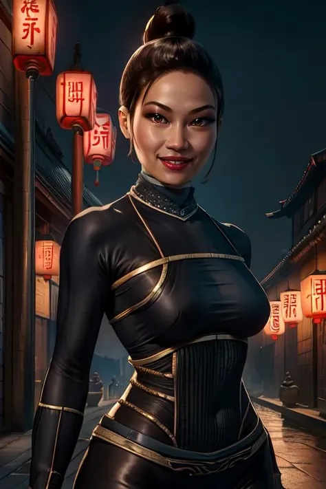 silk, black hair, single hair bun, brown eyes,
black bodysuit, lips, smile,
standing, upper body,
chinese buildings, night,
(insanely detailed, beautiful detailed face, masterpiece, best quality)
<lora:silk:0.8>