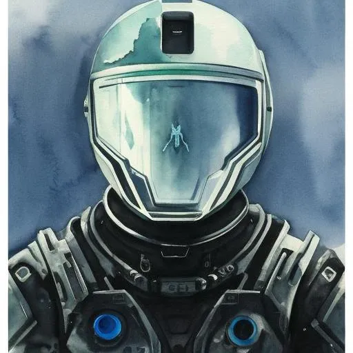 evang, watercolor painting of a humanoid alien with a transparent skull head inside of a futuristic space suit , concept art, fantasy race, glass helmets, his head is a skull, creature, front shot