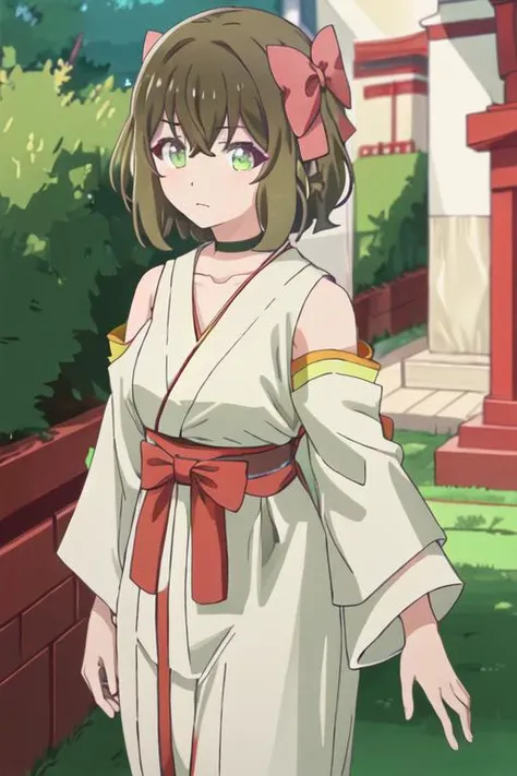 best quality, masterpiece, highres, solo, {white kimono:1.35}, {red hakama:1.35}, {wide sleeves:1.20}, {fina_kumakumakumabear:1.15}, bow, hair_bow, bangs, green_eyes, short_hair, brown_hair, hair_between_eyes, pink_bow, green_hair, collarbone