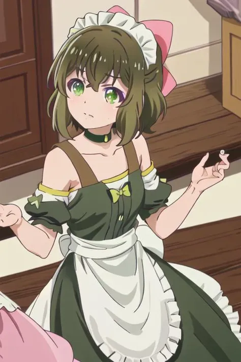 best quality, masterpiece, highres, solo, {maid:1.40}, {long maid dress:1.15}, {fina_kumakumakumabear:1.15}, bow, hair_bow, bangs, green_eyes, short_hair, brown_hair, hair_between_eyes, pink_bow, green_hair, collarbone