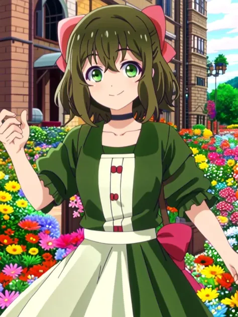 (((snapshot-realistic-perfect, the-person-in-question, adorable, exact-replica-of-a-perfect-human-being-with-impressive-qualities, enhanced-details))) (((1girl-solo-perfect))) (((outdoors))) (((petite-little-child, immature-chest, immature))) <lora:fina_kumakumakumabear:1> fina_kumakumakumabear, bow, hair_bow, bangs, green_eyes, short_hair, brown_hair, hair_between_eyes, pink_bow, green_hair, collarbone, official-anime-style-coloring