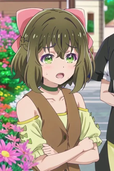best quality, masterpiece, highres, solo, {fina_kumakumakumabear:1.15}, bow, hair_bow, bangs, green_eyes, short_hair, brown_hair, hair_between_eyes, pink_bow, green_hair, collarbone, 1girl, blurry, blurry_background, closed_eyes, flower, outdoors, pink_flower, red_bow, blush, braid, medium_hair, open_mouth, sweatdrop, green_jacket, jacket, shirt, sweat
