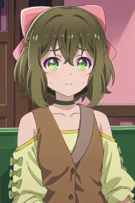 best quality, masterpiece, highres, solo, {fina_kumakumakumabear:1.15}, bow, hair_bow, bangs, green_eyes, short_hair, brown_hair, hair_between_eyes, pink_bow, green_hair, collarbone, 1girl, red_bow, upper_body, shirt, closed_mouth, braid, green_jacket, jacket, looking_at_viewer, sweat, white_shirt