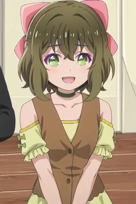 best quality, masterpiece, highres, solo, {fina_kumakumakumabear:1.15}, bow, hair_bow, bangs, green_eyes, short_hair, brown_hair, hair_between_eyes, pink_bow, green_hair, collarbone, 1girl, choker, looking_at_viewer, open_mouth, short_sleeves, smile, :d, blush