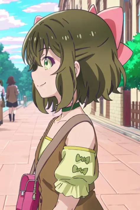 best quality, masterpiece, highres, solo, {fina_kumakumakumabear:1.15}, bow, hair_bow, bangs, green_eyes, short_hair, brown_hair, hair_between_eyes, pink_bow, green_hair, collarbone, 1girl, bag, bare_shoulders, black_choker, choker, day, detached_sleeves, outdoors, puffy_short_sleeves, puffy_sleeves, short_sleeves, shoulder_bag, sky, blue_sky, fence, closed_mouth, dress, profile, red_bow, smile, tree, upper_body, building, cloud, frilled_sleeves, from_side, shirt