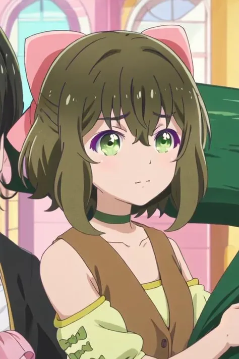 best quality, masterpiece, highres, solo, {fina_kumakumakumabear:1.15}, bow, hair_bow, bangs, green_eyes, short_hair, brown_hair, hair_between_eyes, pink_bow, green_hair, collarbone, 1girl, black_hair, closed_eyes, hug, bare_shoulders