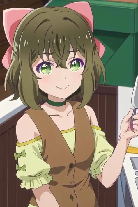 best quality, masterpiece, highres, solo, {fina_kumakumakumabear:1.15}, bow, hair_bow, bangs, green_eyes, short_hair, brown_hair, hair_between_eyes, pink_bow, green_hair, collarbone, 1girl, smile, pajamas, anime_coloring, looking_at_viewer