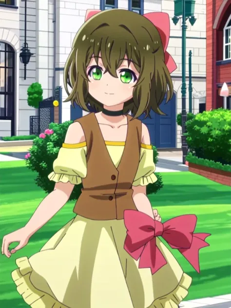 (((snapshot-realistic-perfect, the-person-in-question, adorable, exact-replica-of-a-perfect-human-being-with-impressive-qualities, enhanced-details))) (((1girl-solo-perfect))) (((outdoors))) (((petite-little-child, immature-chest, immature))) <lora:fina_kumakumakumabear:1> fina_kumakumakumabear, bow, hair_bow, bangs, green_eyes, short_hair, brown_hair, hair_between_eyes, pink_bow, green_hair, collarbone, official-anime-style-coloring