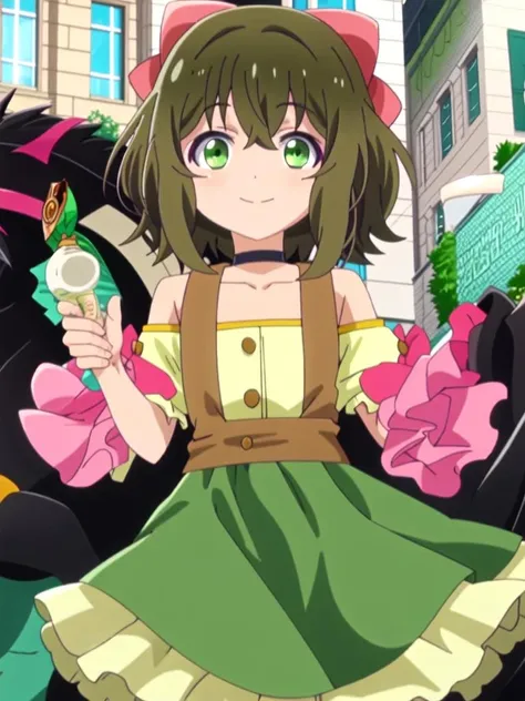 (((snapshot-realistic-perfect, the-person-in-question, adorable, exact-replica-of-a-perfect-human-being-with-impressive-qualities, enhanced-details))) (((1girl-solo-perfect))) (((outdoors))) (((petite-little-child, immature-chest, immature))) <lora:fina_kumakumakumabear:1> fina_kumakumakumabear, bow, hair_bow, bangs, green_eyes, short_hair, brown_hair, hair_between_eyes, pink_bow, green_hair, collarbone, official-anime-style-coloring