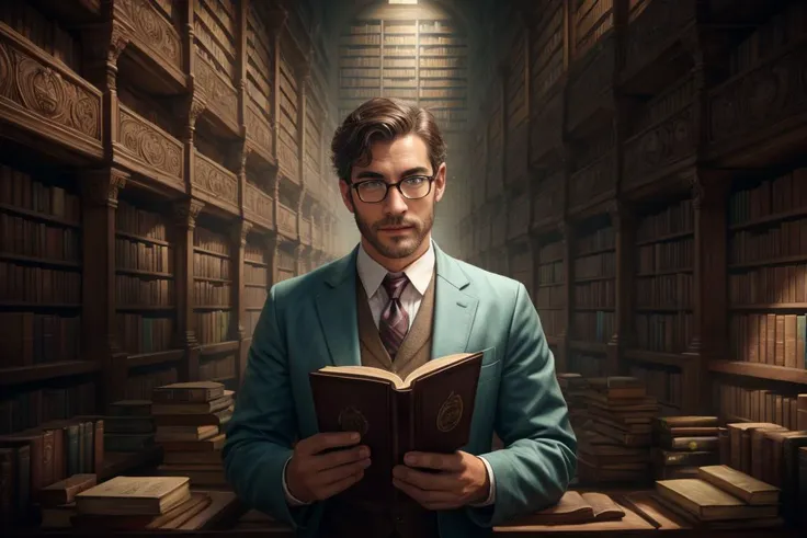 closeup photo of a handsome librarian in an eldritch library, <lora:Boundless_Library:0.66>, <lora:age_slider:2>, (cyan:1)