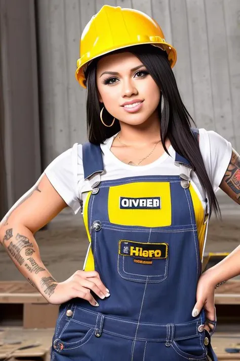 RAW photo, evaangelina (portrait:1.2) of full body a cute woman as a construction worker, ((overalls, hard hat, boots)),(high detailed skin:1.2), 8k uhd, dslr, soft lighting, high quality, film grain, Fujifilm XT3
