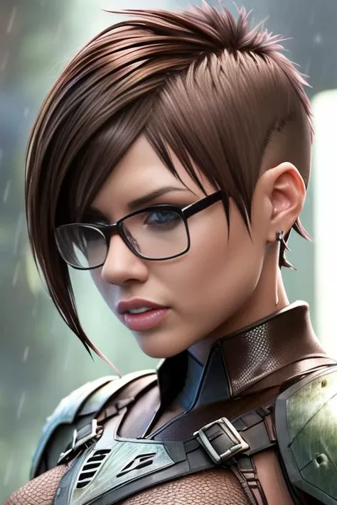 evaangelina outside in the rain, soaking wet, dank swamp, ((futuristic armor, glasses )), (detailed facial features:1.15), (short shaved brown hair:1.5), Unreal Engine 5, 8K, HQ, HDR, amazing detail, intricate details, shallow depth of field, reflections, art by artgerm and greg rutkowski
