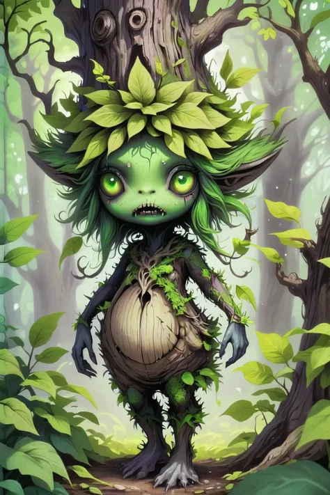 creepy, A mischievous forest spirit, camouflaged among the vibrant green leaves, peeking out from behind a tree trunk.<lora:spirit_creepy-sdxl-prod-e-000026:1>