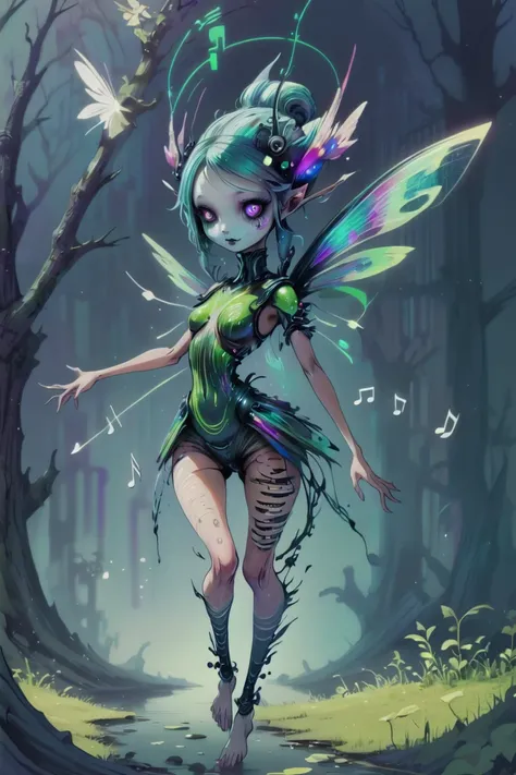 creepy glitched cyber fairy, A harmonious music spirit, with musical notes swirling around, resonating with the sounds of nature.<lora:EnvySpiritXL02-creepy:0.6><lora:EnvySpiritXL01-cute:0.6>
