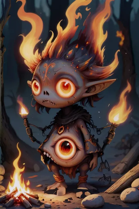 creepy, A tiny fire spirit, glowing with warm orange hues, nestled within the embers of a campfire.<lora:spirit_creepy-sdxl-prod-e-000026:1>