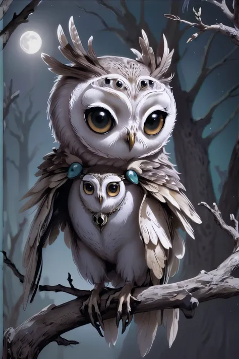 absolutely fucking nightmarish, A spirited owl spirit, with soft feathery wisps, perched silently on a moonlit branch.<lora:spirit_creepy-sdxl-prod-e-000026:1>