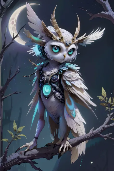 creepy glitched cyber fairy, A spirited owl spirit, with soft feathery wisps, perched silently on a moonlit branch.<lora:EnvySpiritXL02-creepy:0.6><lora:EnvySpiritXL01-cute:0.6>