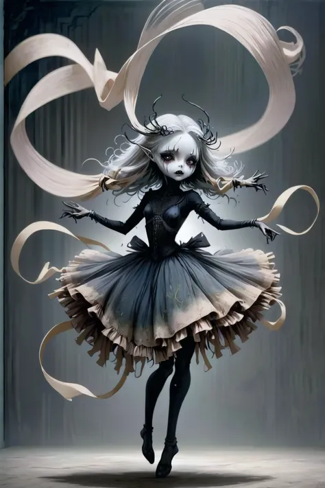 creepy, A graceful dance spirit, with flowing ethereal ribbons, twirling in the air to an unheard melody.<lora:spirit_creepy-sdxl-prod-e-000026:1>