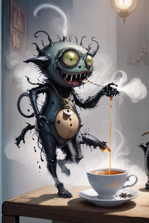 absolutely fucking nightmarish, A tranquil tea spirit, steaming and aromatic, hovering over a freshly brewed cup in the early morning.<lora:spirit_creepy-sdxl-prod-e-000026:1>