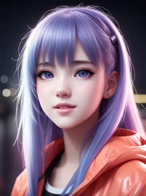masterpiece, best quality, half body, portrait, night city, 1girl, anime, 3D, Japan, pixar, realistic, girl, smiling, cute face, harajuku fashion style, rain coat, beautiful, colourful, neon lights, cyberpunk, smooth skin, illustration, artstation, painting by stanley artgerm lau, sideways glance, foreshortening, extremely detailed 8K, smooth, high resolution, ultra quality, highly detail eyes, highly detail mouth, highly detailed face, perfect eyes, both eyes are the same, true light, glare, Iridescent, Global illumination, real hair movement, real light, real shadow, real face, hd, 2k, 4k, 8k, 16k, realistic light, realistic shadow, bright Eyes, fluorescent eyes, soft light, dream light