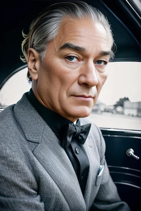 a man 44y.o, ((fullbody:1.7)), award winning photo, blond hair, his hair is a little loose from the top, hair combed back, wide face, looking around, fashionable clothes, ((masterpiece)), detailed face, detailed blue eyes, color photograph, (sharp focus:1.2), sitting, extremely detailed, intricate, dramatic lighting, moody and melancholic atmosphere, sony a7 IV film stock photograph 4 kodak portra 400 camera f1.6 lens rich colors hyper realistic lifelike texture, best quality dramatic lighting cinestill 800, deep shadow, photo, Highly detailed, wide angle lens, depth of field, bokeh, 4K, HDR, absurdres, hyperrealistic, photorealistic, 1950s, ataturk