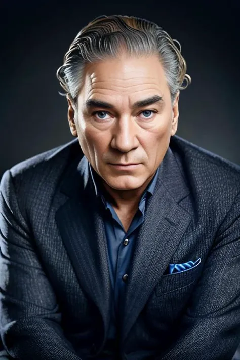 a man 44y.o, ((fullbody:1.7)), award winning photo, blond hair, his hair is a little loose from the top, hair combed back, wide face, looking around, fashionable clothes, ((masterpiece)), detailed face, detailed blue eyes, color photograph, (sharp focus:1.2), sitting, extremely detailed, intricate, dramatic lighting, moody and melancholic atmosphere, sony a7 IV film stock photograph 4 kodak portra 400 camera f1.6 lens rich colors hyper realistic lifelike texture, best quality dramatic lighting cinestill 800, deep shadow, photo, Highly detailed, wide angle lens, depth of field, bokeh, 4K, HDR, absurdres, hyperrealistic, photorealistic, 1950s, ataturk