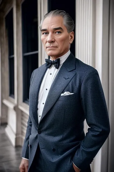 a man 44y.o, ((fullbody:1.7)), award winning photo, blond hair, his hair is a little loose from the top, hair combed back, wide face, looking around, fashionable clothes, ((masterpiece)), detailed face, detailed blue eyes, color photograph, (sharp focus:1.2), sitting, extremely detailed, intricate, dramatic lighting, moody and melancholic atmosphere, sony a7 IV film stock photograph 4 kodak portra 400 camera f1.6 lens rich colors hyper realistic lifelike texture, best quality dramatic lighting cinestill 800, deep shadow, photo, Highly detailed, wide angle lens, depth of field, bokeh, 4K, HDR, absurdres, hyperrealistic, photorealistic, 1950s, ataturk