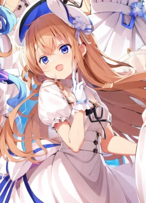 1girl,1girl, blue_eyes, brown_hair, dress, gloves, hat, looking_at_viewer, marker_\(medium\), open_mouth, ribbon, short_sleeves, smile, traditional_media, virtual_youtuber, white_gloves,masterpiece,best quality,ultra-detailed, ray tracing,perfect lighting, cowboy shot,(shiny skin:1.2)[wet with oil:0.3],reflection, ,        <lora:koi-v1:1>