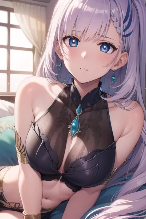 reinepavolia, <lora:reinepavolia-lora-nochekaiser:1>,
reine pavolia, blue eyes, braid, braided bangs, light purple hair, parted bangs, ponytail, single braid,
BREAK bangle, black nails, blue dress, bracelet, brooch, clothing cutout, detached sleeves, dress, earrings, feather hair ornament, feathers, jewelry, midriff, nail polish, navel, navel cutout, taut clothes,
BREAK looking at viewer,
BREAK indoors,
BREAK <lyco:GoodHands-beta2:1>, (masterpiece:1.2), best quality, high resolution, unity 8k wallpaper, (illustration:0.8), (beautiful detailed eyes:1.6), extremely detailed face, perfect lighting, extremely detailed CG, (perfect hands, perfect anatomy),