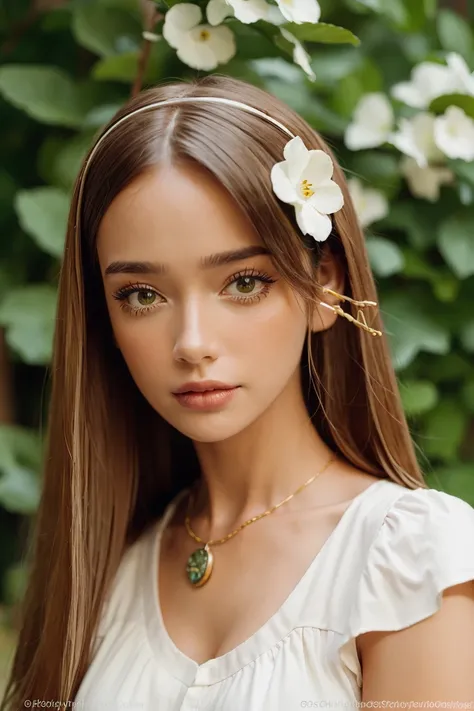 best quality, masterpiece, (photorealistic:1.4), 1 girl, upper body, long hair, necklace, cute, flowers around, forest background, sweet girl, IDOL, -- Face Details:1.7 -- <lora:Selti-01:1>