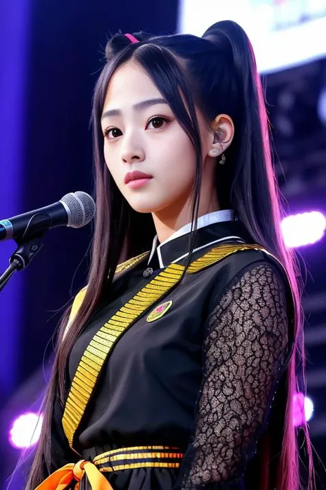 portrait photo of minji-nj-4400 beautiful woman hair updo upsweep ((kpop singer, on stage)) (masterpiece) (best quality) (detailed) (8k) (HDR) (wallpaper) (cinematic lighting) (sharp focus) (intricate)