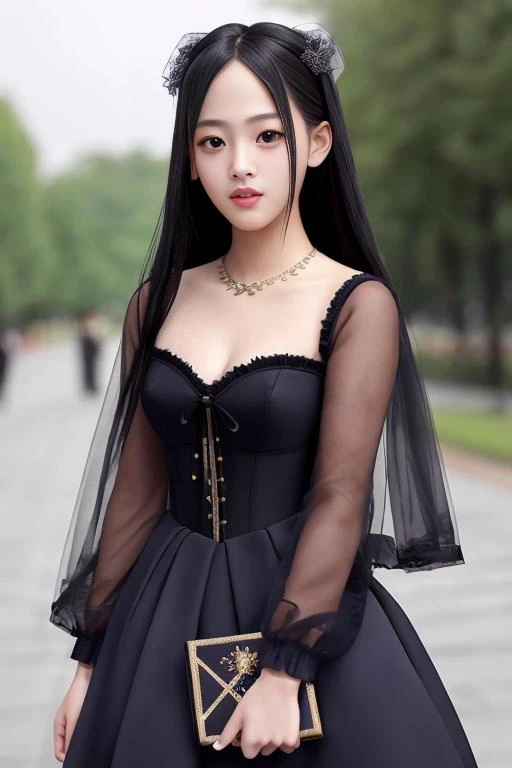 minji-nj-4400, Style-Empire, 1girl, corset, cinematic, (portrait), sideface, foreshortening, ((detailed face, beautiful face, full makeup)), full_body, high_heels, long_hair, solo, depth_of_field, outdoors, realistic,(medium), photorealistic, (ultra-detailed:1.2), ((high ornamented dress)), detailed light, HDR, Empire_dress
