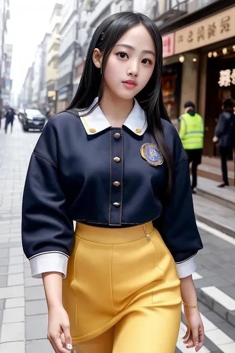 portrait photo of minji-nj-4400 beautiful woman ((walking down the street)) smiling, (masterpiece) (best quality) (detailed) (8k) (HDR) (wallpaper) (cinematic lighting) (sharp focus) (intricate)