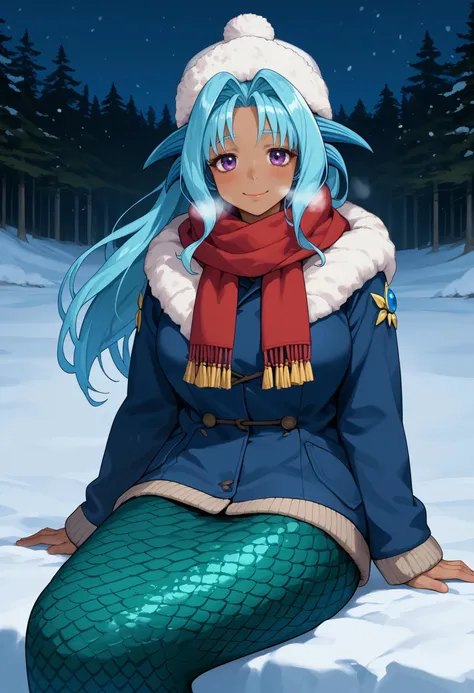 score_9, score_8_up, score_7_up, 1girl, solo, levia, monster girl, mermaid, tail, purple eyes, aqua hair, long hair, head fins, (dark-skinned female, dark skin:1.3), large breasts, toned, biceps,
winter clothes, fur hat, winter coat, red scarf, 
looking at looking at viewer, smile, blush, breath, on snow, sitting,
outdoors, winter, forest, dark, night, 
<lora:Levia-sanPDXL_V1-Manityro-CAME:1.0>,