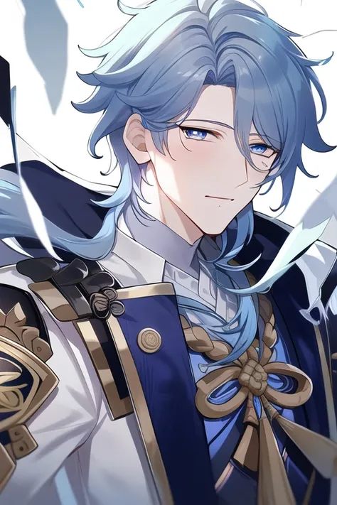 <lora:ka:1>,(masterpiece), (best quality), (super delicate), (illustration), (extremely delicate and beautiful), (dynamic angle), white and blue highlights, (bushi:1.3),(1boy:1.2),blue hair, (business_suit), (complex details) ,(beautiful and delicate eyes), blue eyes, green pupils, delicate face,mole_under_mouth,upper body, messy floating hair, messy hair, focus, (fantasy wind)