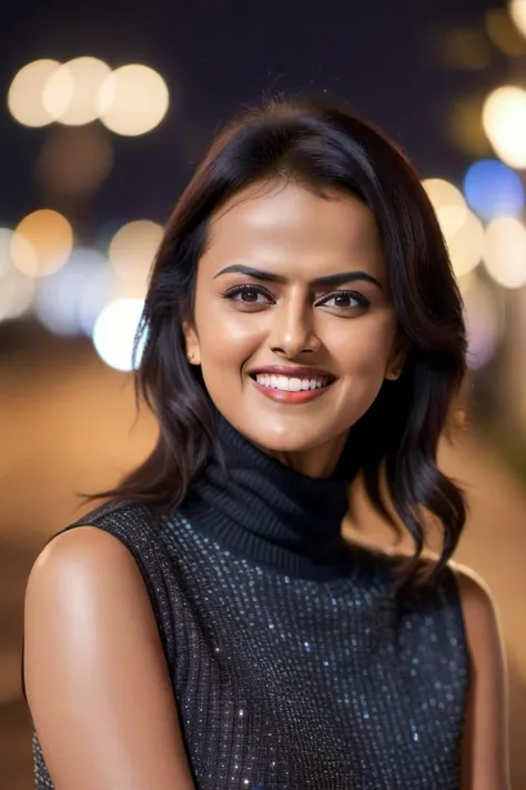 hires close up photo of a woman, Shraddha Srinath, outdoors, realistic skin texture, smiling, looking looking at camera, sleeveless turtleneck, night time, beautiful bokeh   <lora:Shraddha_Srinath_SDXL_LoRA:0.8>