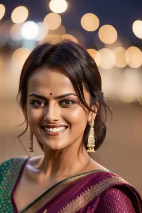 hires close up photo of a woman, Shraddha Srinath, outdoors, realistic skin texture, smiling, looking looking at camera, indian clothes, smiling, night time, beautiful bokeh <lora:Shraddha_Srinath_SDXL_LoRA:0.8>