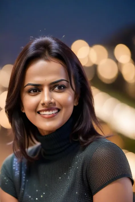 hires close up photo of a woman, Shraddha Srinath, outdoors, realistic skin texture, smiling, looking looking at camera, sleeveless turtleneck, night time, beautiful bokeh <lora:Shraddha_Srinath_SDXL_LoRA:0.8>