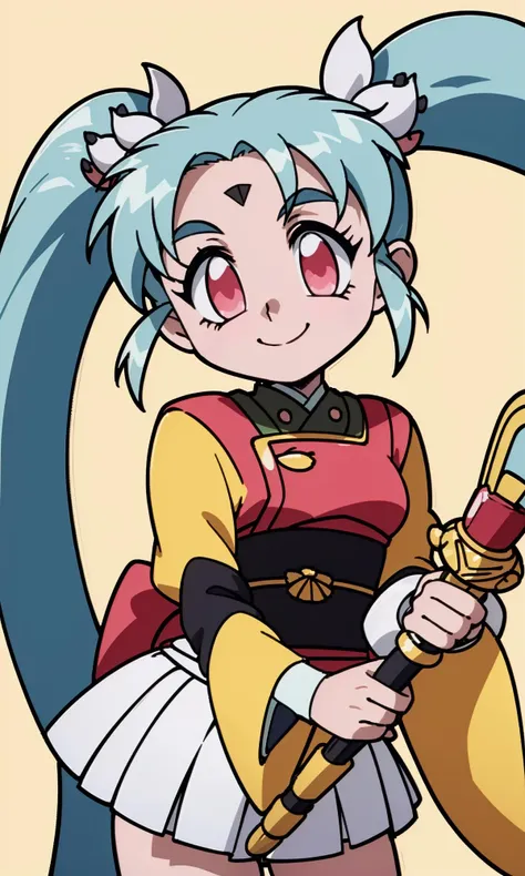 <lora:pretty_sammy,v1.1:0.7>, pretty_sammy, pink eyes, blue hair, forehead mark, twintails, hair_ornament, green kimono, obi, white skirt, wide sleeves, pink vest, wand, <lora:Helltaker:0.3>cowboy shot, magical musket, smile