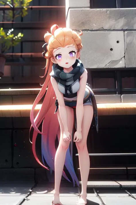 (extremely detailed fine touch:1.2), (natural light, sun light, light rays, dappled light, reflection, shadows, ray tracing:1.2), masterpiece, best quality, highly detailed, 
,zoe,zuoyi, 1girl,long hair,very long hair,blue and purple eyes,orange hair, (pink and purple hair:0.9),(multicolored hair:0.7), forehead, scarf,
mmd,full body,
