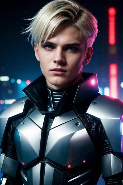 epic professional upper body headshot photo cyberpunk android young 19yo male model robot, detailed face, smooth features, blonde hair, silver PVC panels, neon-lit night city, (perfectly-lit, crisp focus, absurdres, 8k UHD, HDR, vivid color, depth of field, contrast, clarity, balance)